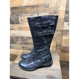 ECCO Black Leather Tall Boots Gore-Tex Buckle Detail Side Zip Women's Size 37